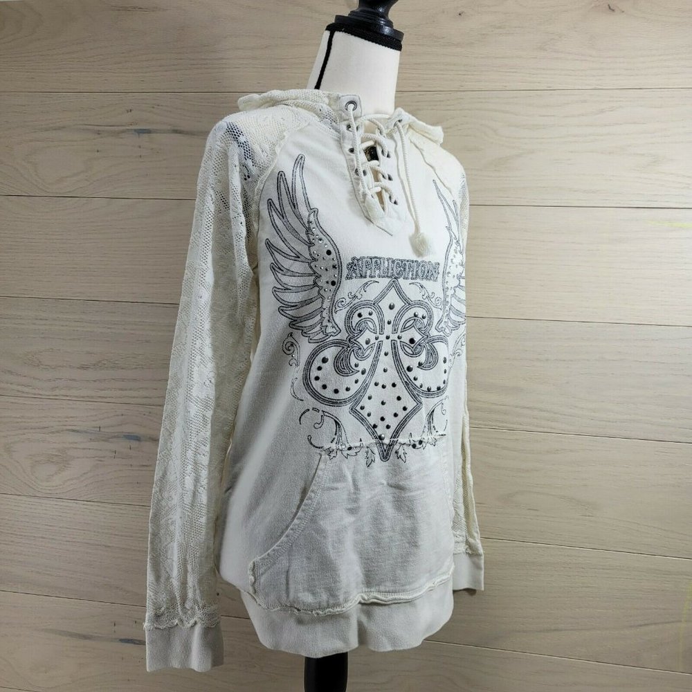 Affliction Womens Pullover Hoodie Wings Studded Lace Sleeves Med RARE